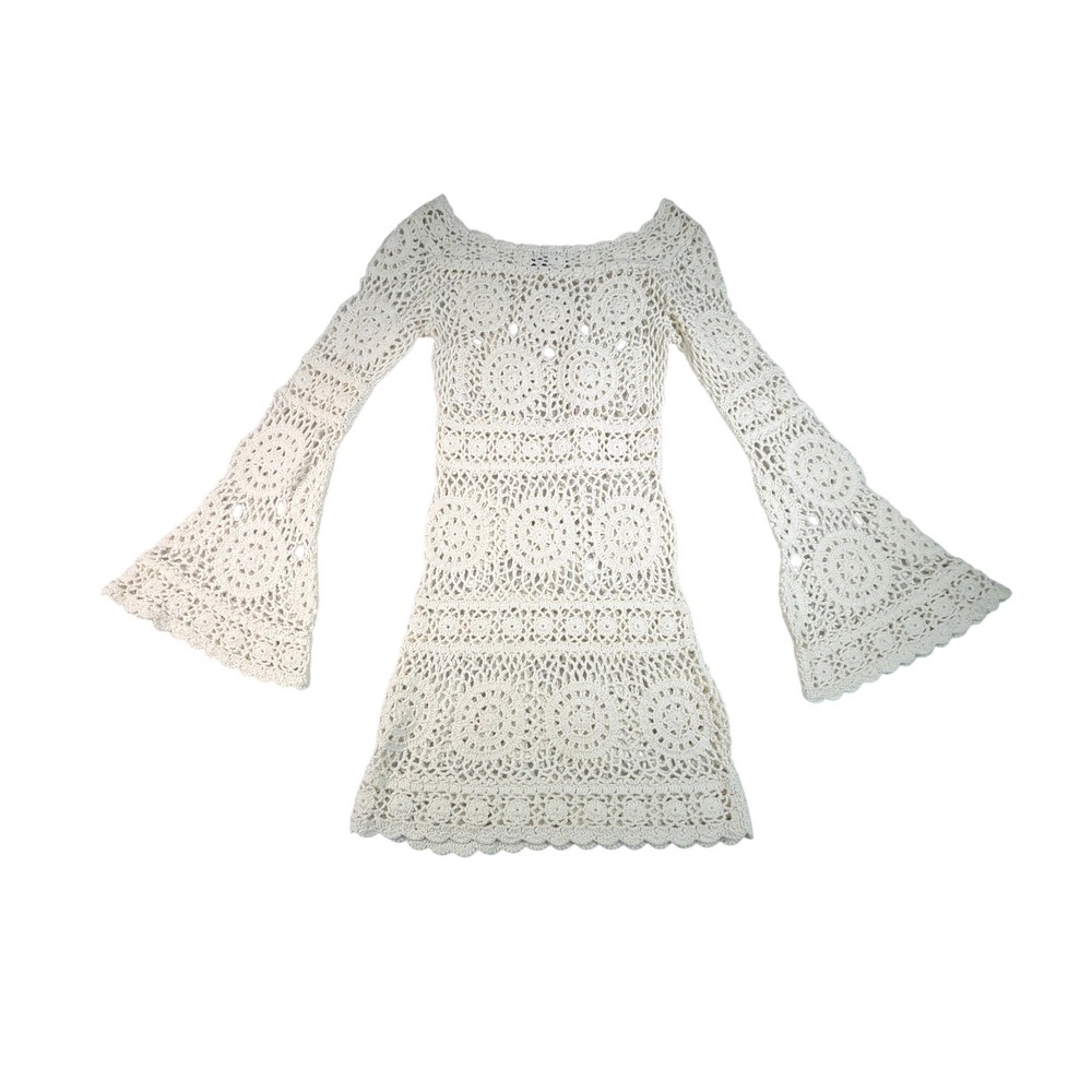 MAJORELLE Harvest Crochet Mini Dress Womens Small Ivory Bell Sleeve Boho REVOLVE